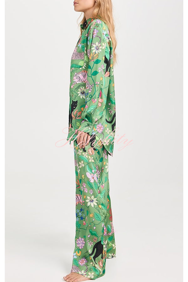 Quiet Jungle Satin Unique Print Long Sleeve Shirt and Elastic Waist Pocket Lounge Pants Set