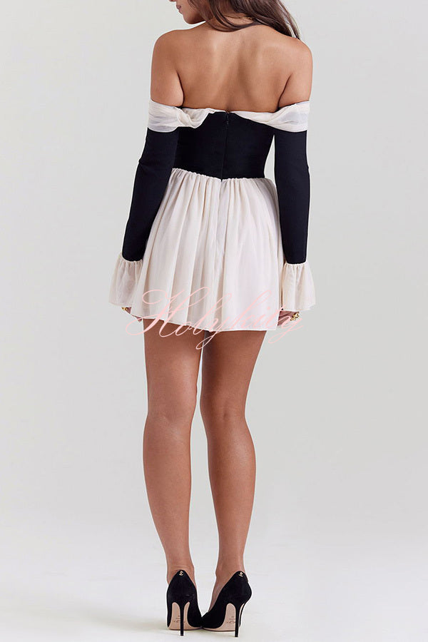 Dreamy Off Shoulder Color Block Bow Long Sleeve Mini Dress