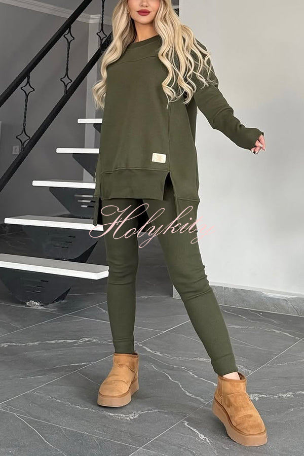 Solid Color Crew Neck Long Sleeve Top and Casual Stretch Pants Set