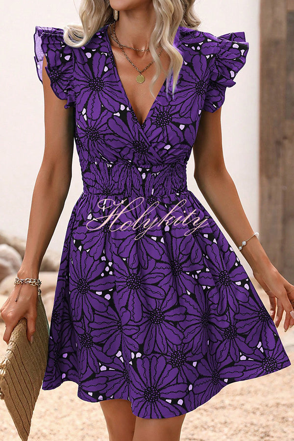 Wonderful Weekend Floral Print Ruffle Sleeve Elastic Waist Mini Dress