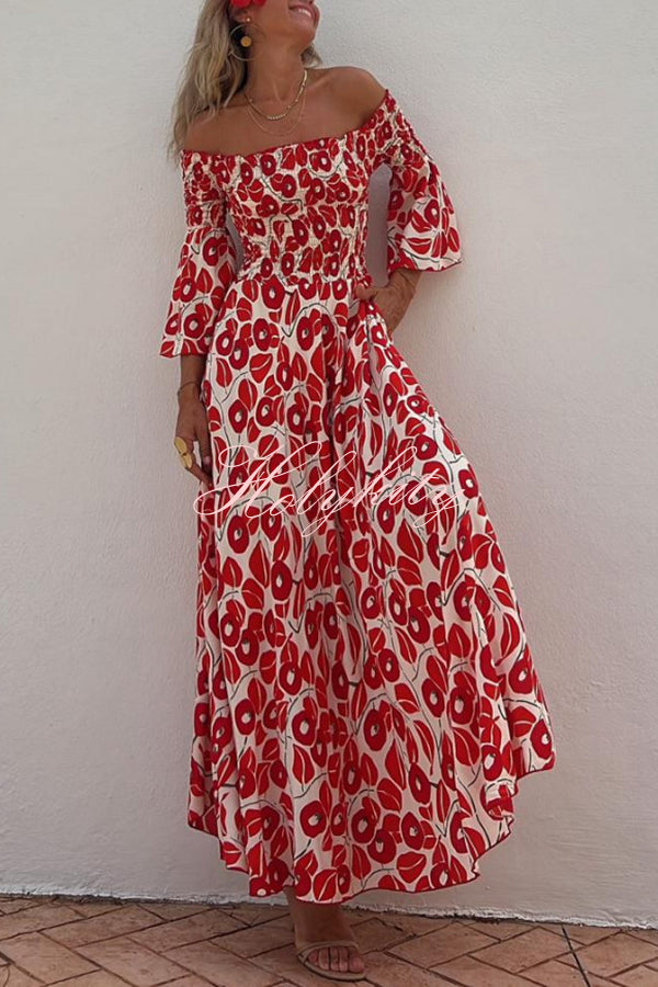 Close To The Vacation Floral Print Smocked Off Shoulder Pocketed Maxi Dress