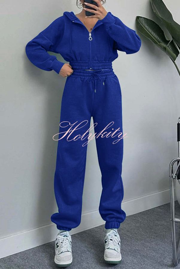 Hooded Zip Up Waist Sweatshirt and Elastic Waist Lace Up Pants Set