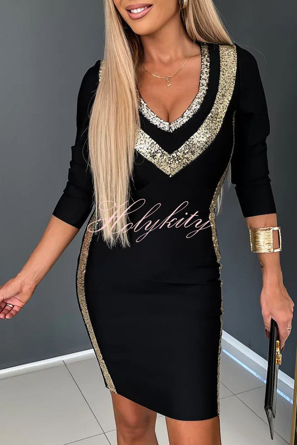 Moon River Gold Patchwork V Neck Long Sleeved Mini Dress