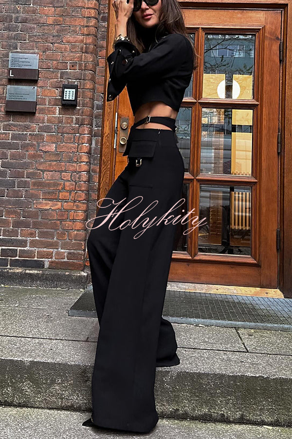 Leia High Neck Button Bell Sleeve Top and Cutout Waist Metal Pocketed Flare Pants Set