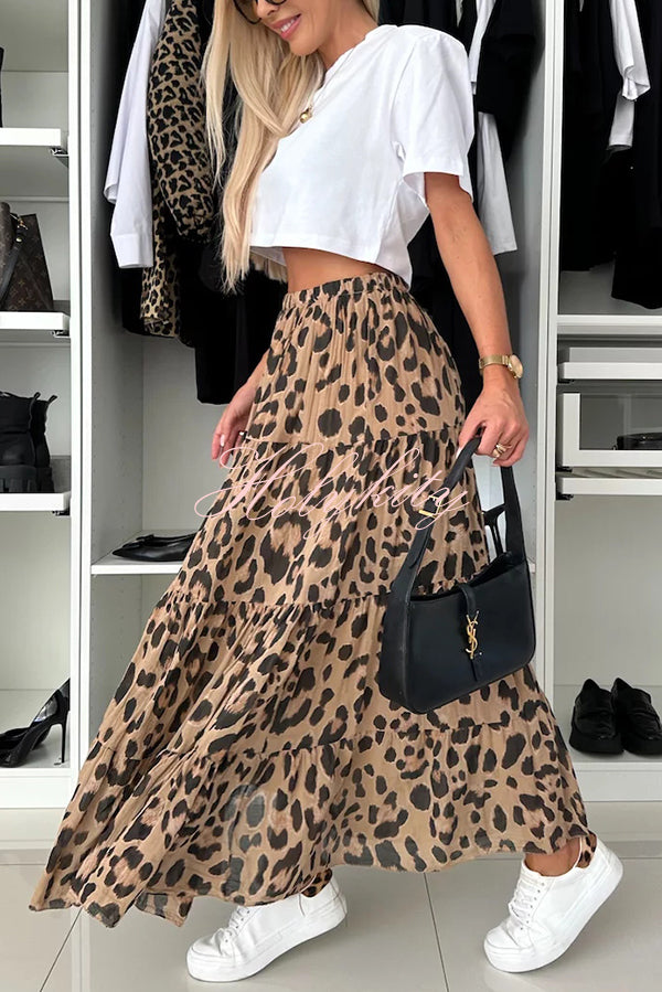 Unique and Comfortable Leopard Print Elastic Waist A-line Layered Maxi Skirt