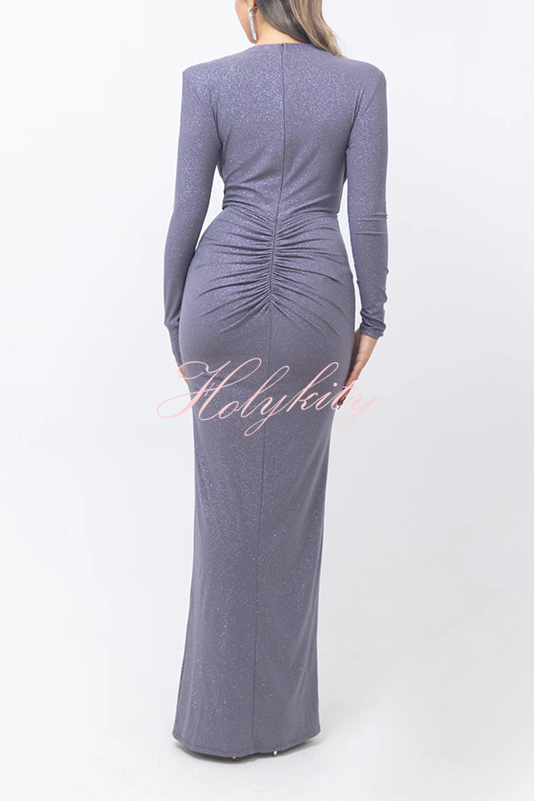 Solid Color Shiny Sexy V-neck Long Sleeve Ribbon Slit Slim Fit Maxi Dress