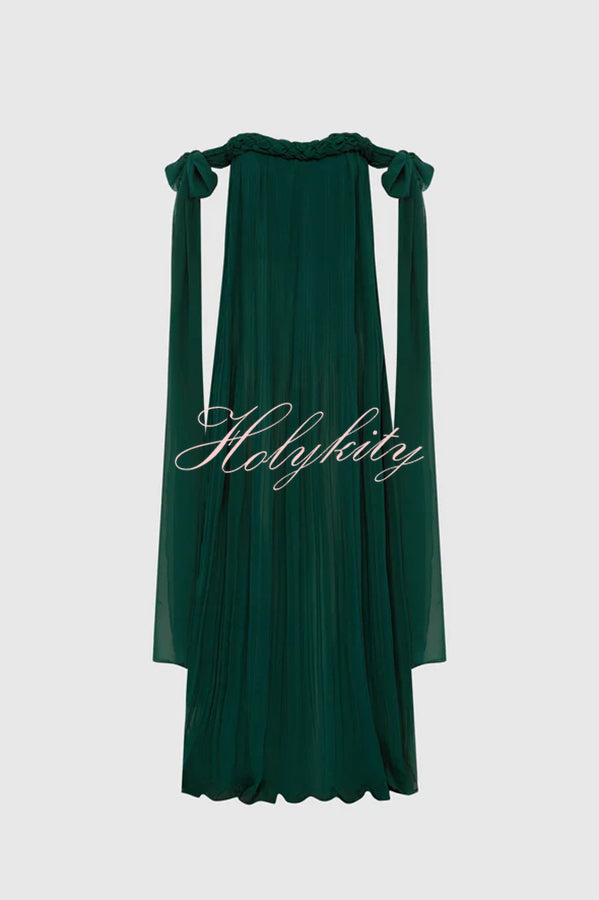 Fairy Spirit Tulle Braided Neckline Tie Arm Straps Pleated Maxi Dress