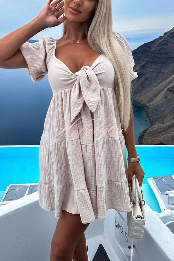 Solid Color Versatile Lace-Up V Neck Balloon Sleeve Mini Dress