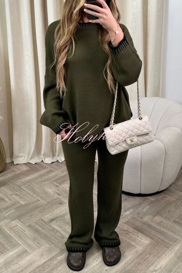 Life Memories Knit Contrast Stitch Trim Pullover Sweater and Stretch Loose Pants Set