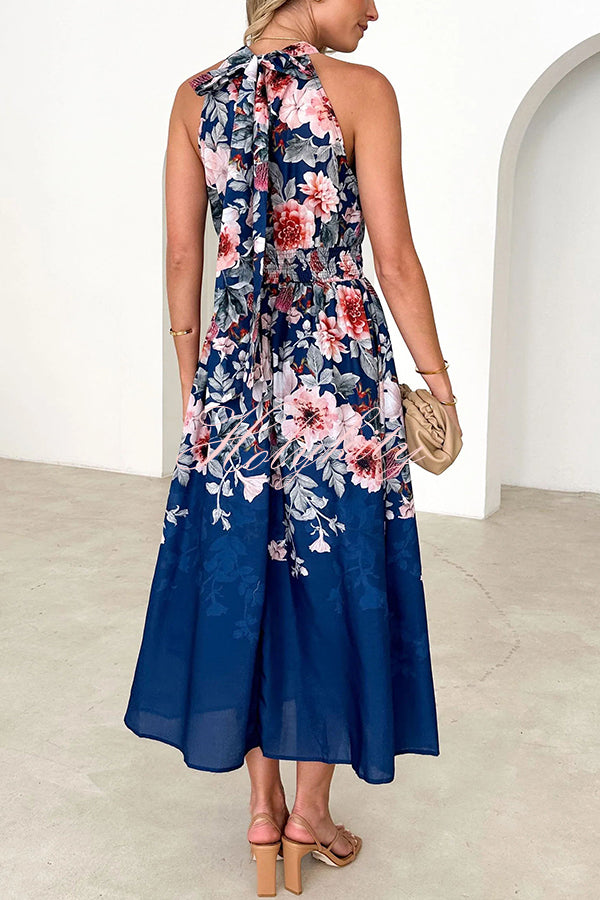 Floral Print Halterneck Tie Zip Smocked Maxi Dress