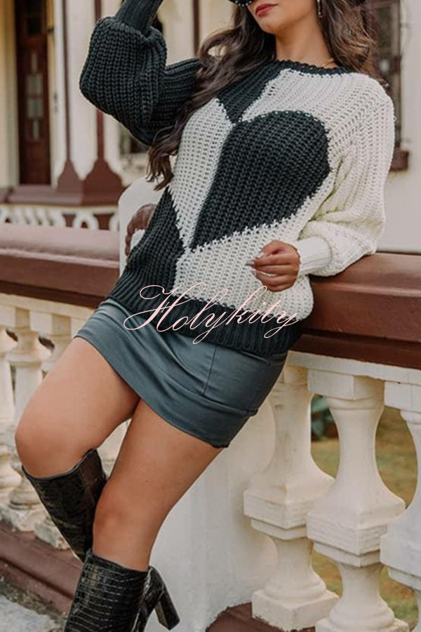 Round Neck Bell Sleeves Heart Contrast Knitted Long Sleeved Sweater