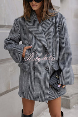 Fashion Stripe Print Lapel Pocket Coat