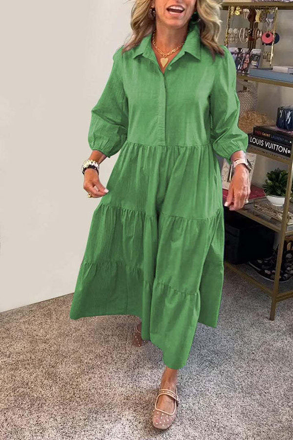 Solid Color Lapel Elastic Cuffs Loose Maxi Dress