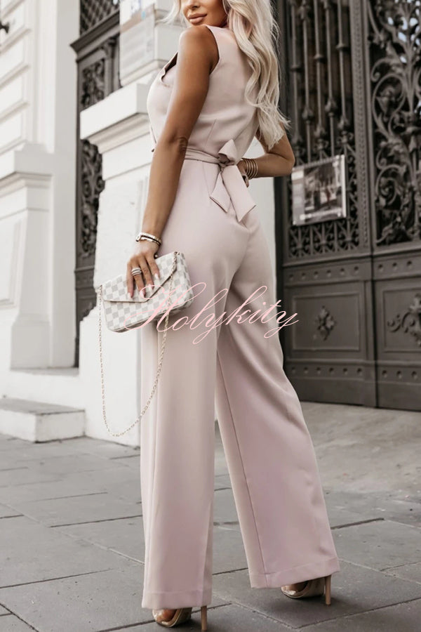 Make Your Entrance Lapel Belt Pocketed Wide Leg Formal Jumpsuit