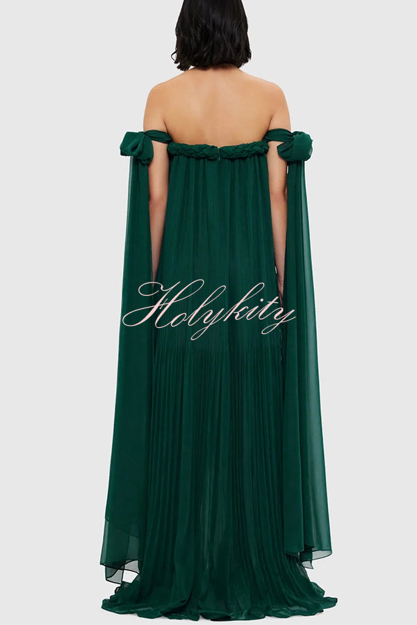 Fairy Spirit Tulle Braided Neckline Tie Arm Straps Pleated Maxi Dress