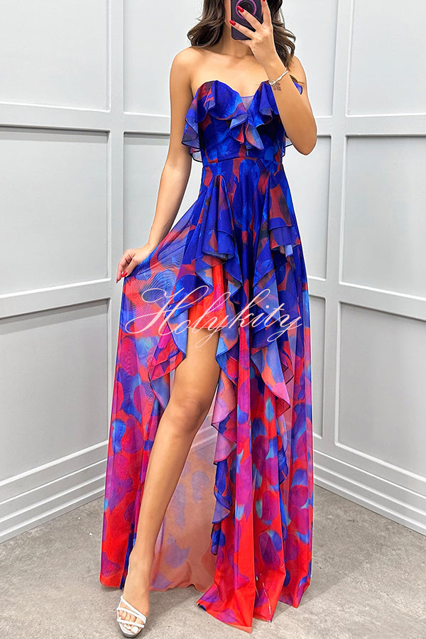 Loving Moment Gradient Unique Print Flowing Layered Ruffles Strapless Slit Maxi Dress