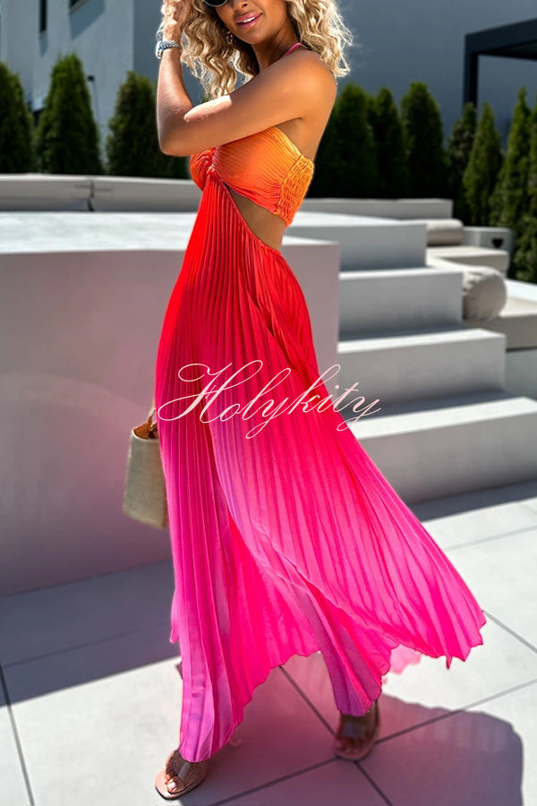 Get Ready Beautiful Gradient Print Cutout Halterneck Pleated Maxi Dress