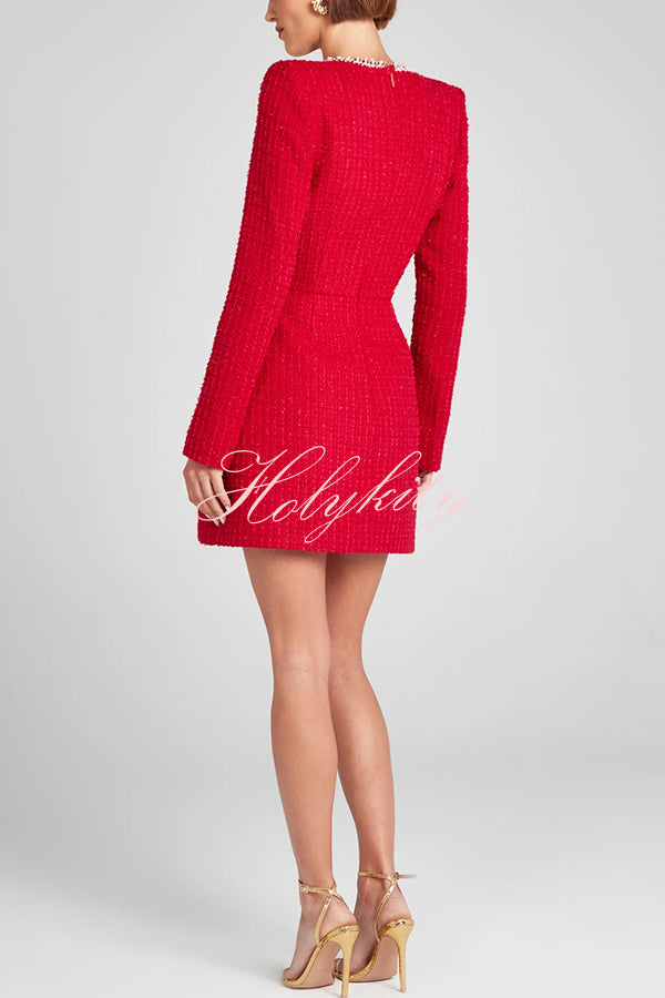 Girly and Glamorous Tweed Fabric Pearl Trim Long Slit Sleeve Pocketed Mini Dress