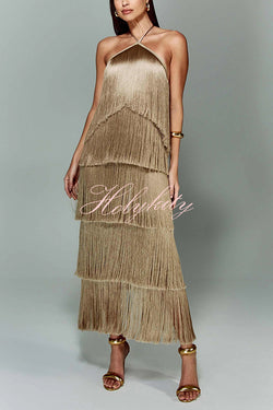 Sexy Halterneck Backless Elegant Fringe Maxi Dress