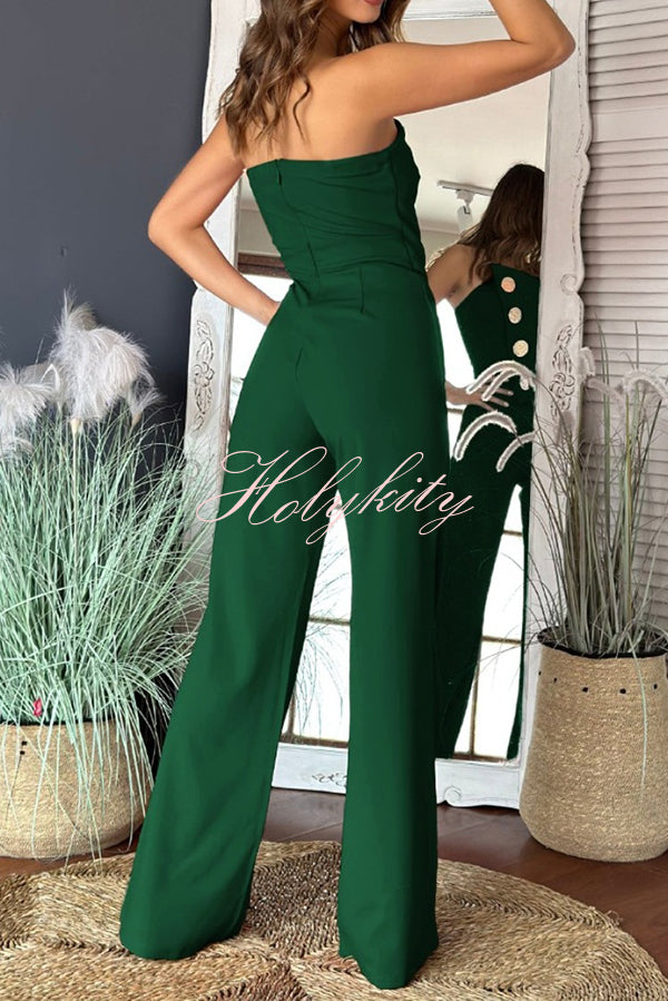 Solid Color Sexy Tube Top Gold Button Embellished Bootcut Jumpsuit