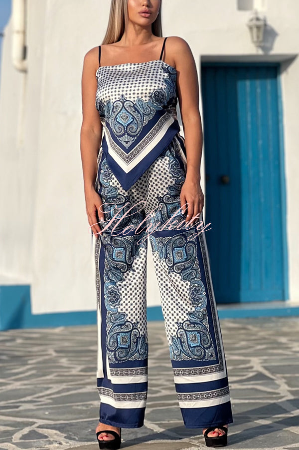 Unique Printed Sling Backless Strappy Top and Elastic Waisted Loose Pants Set