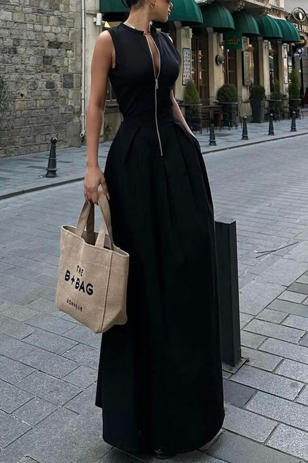 Stylish Sleeveless Zippered V-neck Slim Fit Maxi Dress