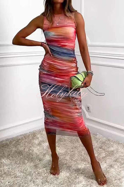 Locking Eyes Mesh Tie-dye Print Ruched Midi Dress