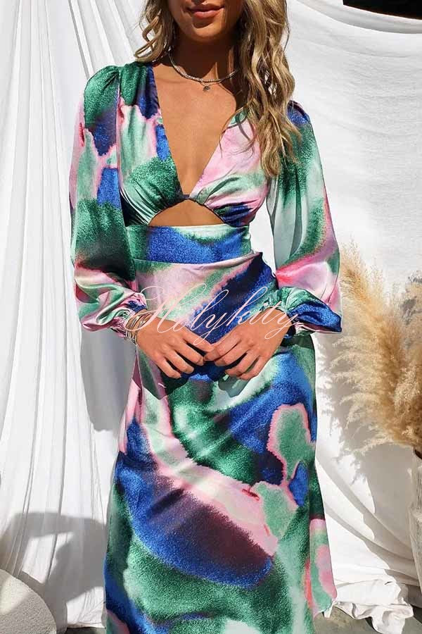 Own The Evening Satin Neon Print Cutout Midi Dress