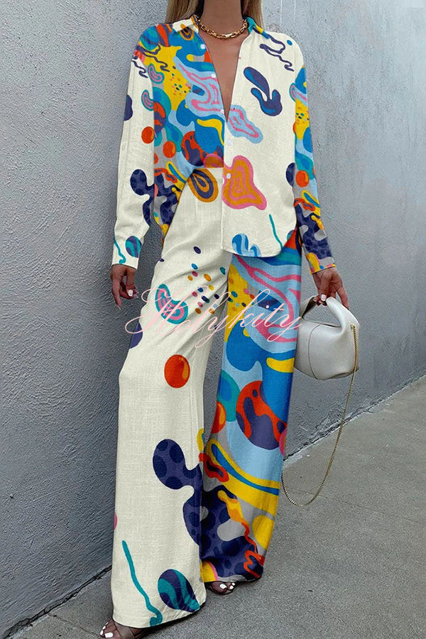 Stunning Art Print Buttoned Wide Leg Pant Suit