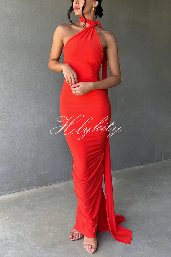 Sexy Backless Pleated Slim Solid Color Sleeveless Elegant Maxi Dress