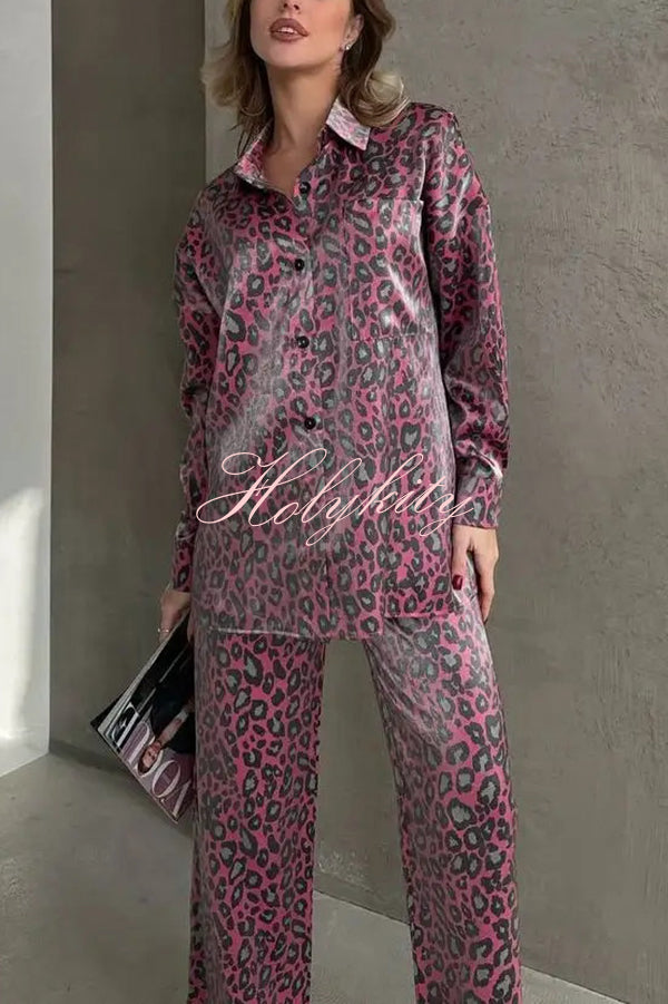 Leopard Print Long-sleeved Casual Top and Loose Elastic Waist Tie Pants Set