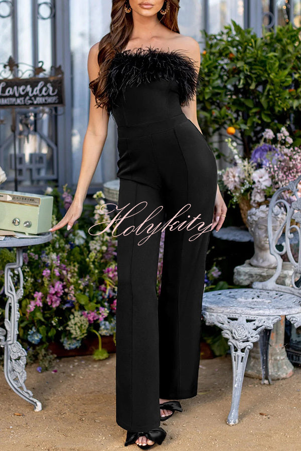 First Class High Rise Feather Stretch Waist Jumpsuit