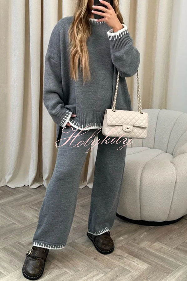 Life Memories Knit Contrast Stitch Trim Pullover Sweater and Stretch Loose Pants Set