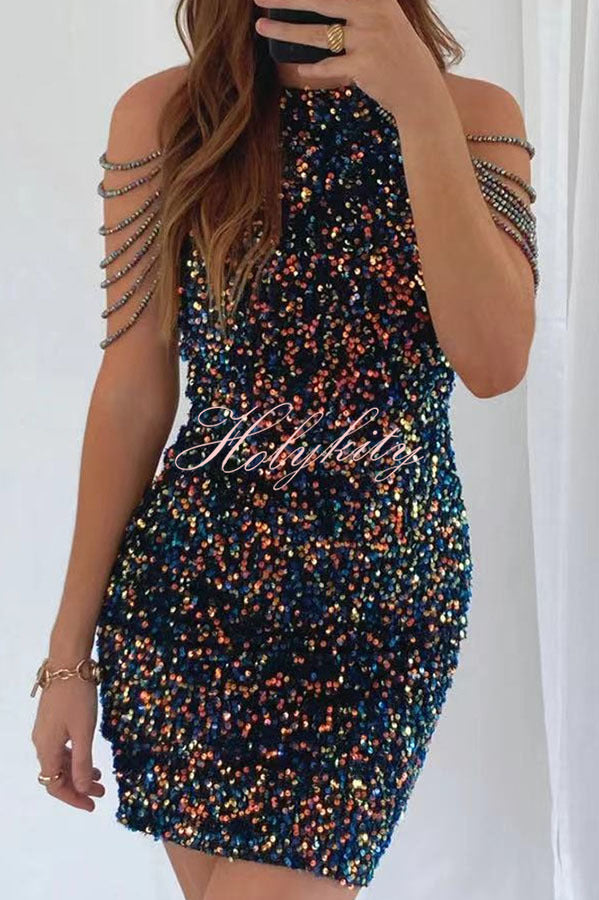 Looking At The Glamorous View Sequin Tassel Shoulder Cocktail Mini Dress