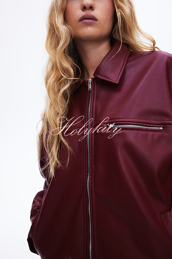 Fashion Lapel Long Sleeve Pocket Zipper Leather Jacket