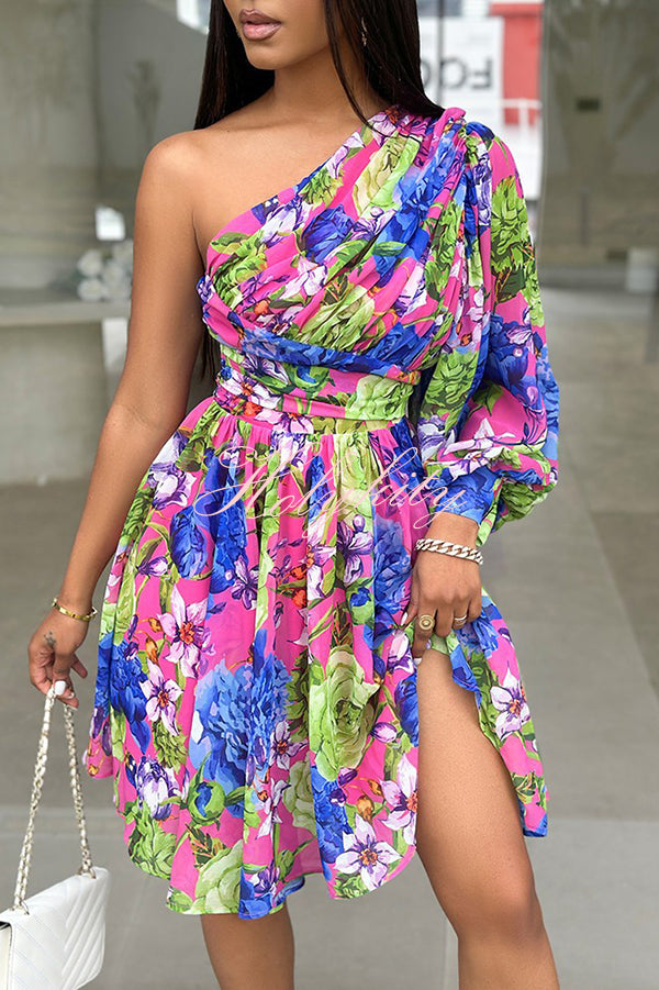 Stylish Printed One Shoulder Tighten Waist Mini Dress