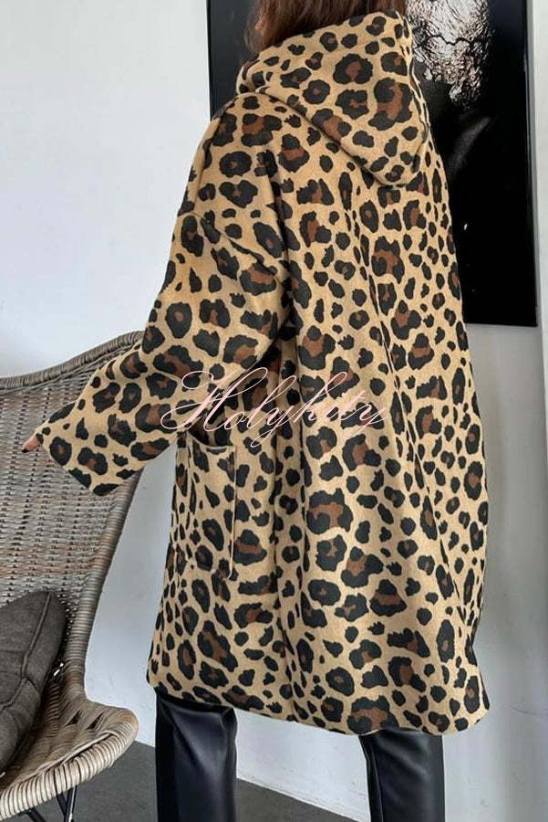 Fall Dreaming Animal Print Zipper Pocket Loose Hooded Midi Coat