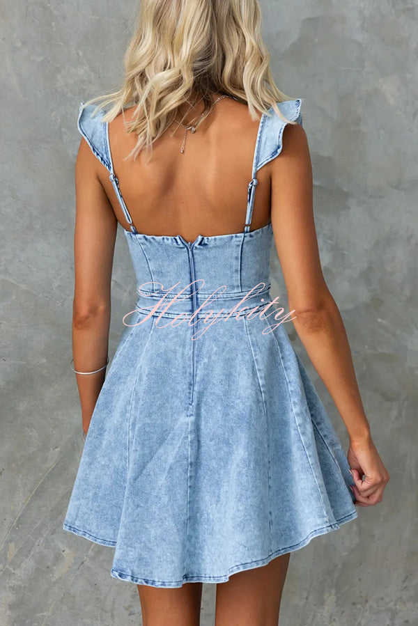 Sweet Secret Denim Square Neck Ruffle Sleeve Stretch Mini Dress