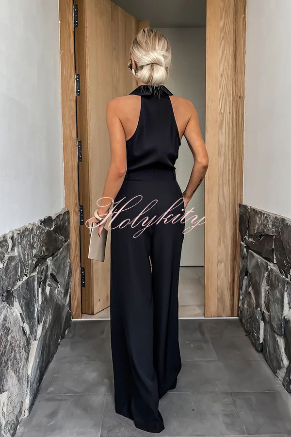 Fashionable Unique Look Halter Shirt Collar Pocketed Wide Leg Jumpsuit