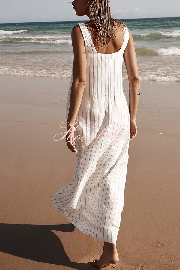 Simple and Stunning Linen Blend Pinstripe Detail Square Neck A-line Maxi Dress