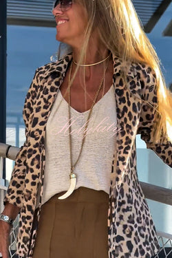 Edith Leopard Print Front Lace-up Long Sleeve Loose Blouse