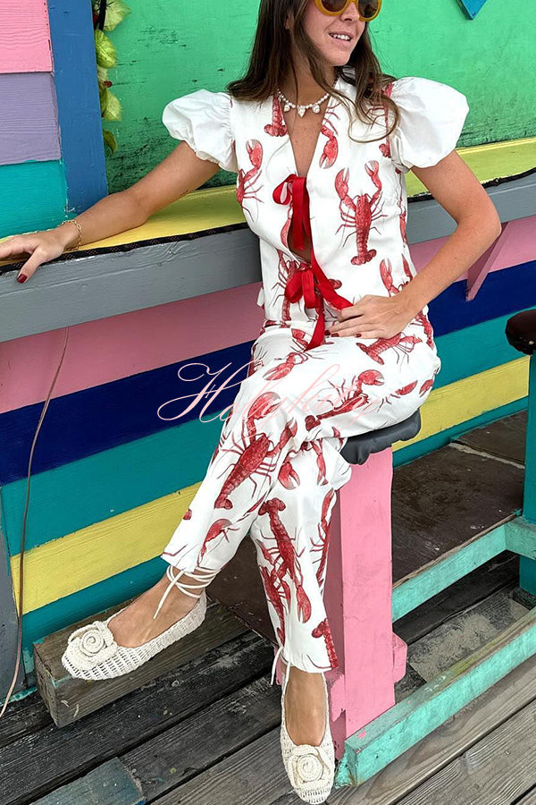 Fun Vacation Lobster Print High Rise Straight Pants