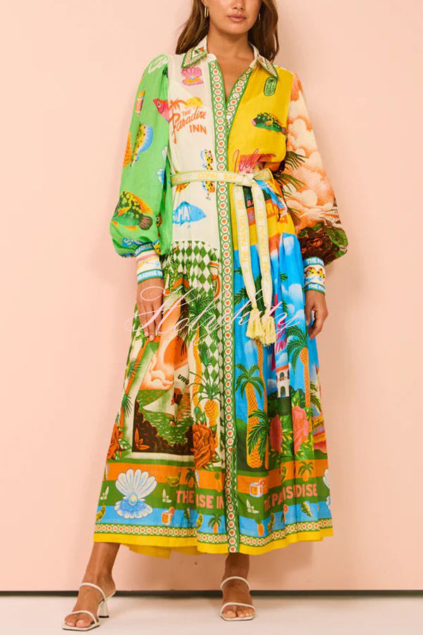 A World of Colour Unique Print Balloon Sleeve Belt Shirt Midi Dress