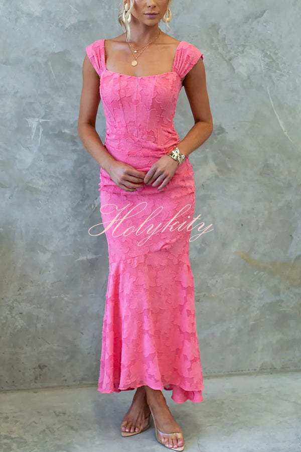 Unreal Beauty Floral Textured Material Ruched Fishtail Maxi Dress