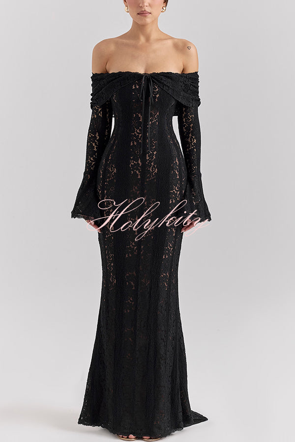 Outline The Curve Floral Lace Off Shoulder Bell Sleeve Stretch Maxi Dress