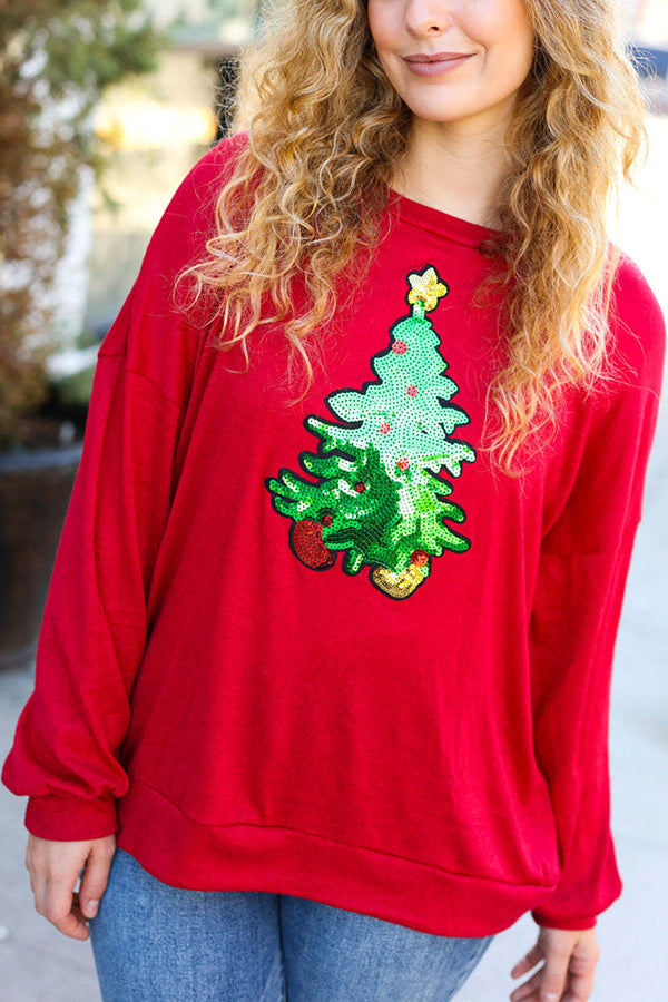 Christmas Tree Holiday Sequined Casual Loose Sweatshirt