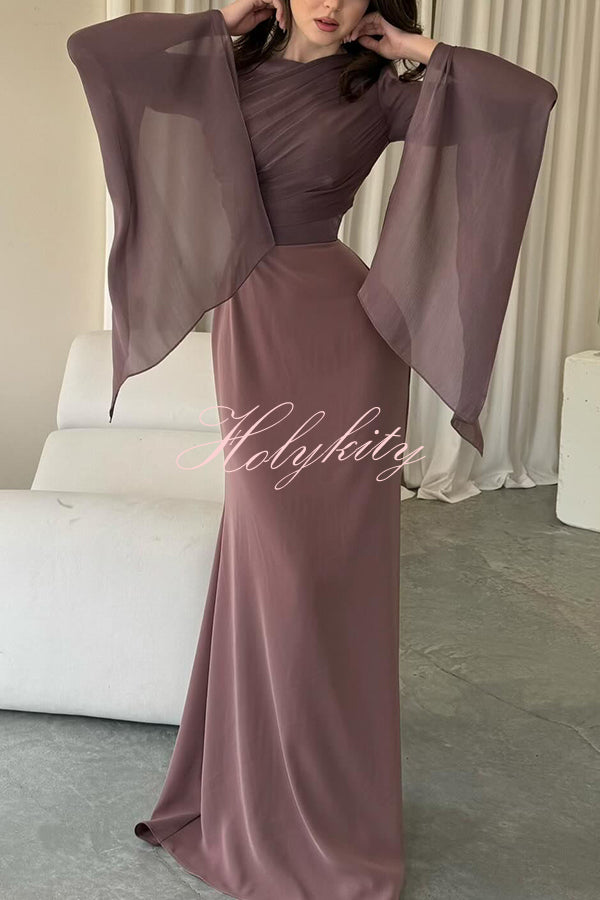 Liora Ruched Organza and Satin Patchwork Design Long Bell Slit Sleeve Maxi Dress