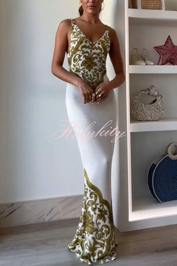 Sicilian Inspired Knit Symmetrical Unique Print Stretch Fishtail Maxi Dress