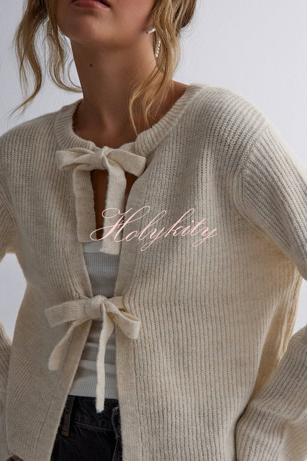 Solid Color Loose Long Sleeve Lace-up Knitted Cardigan