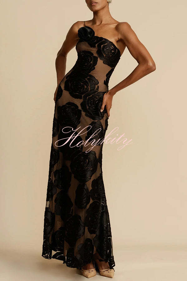 Timeless Elegance and Sexy Floral Print Asymmetrical Neckline Maxi Dress